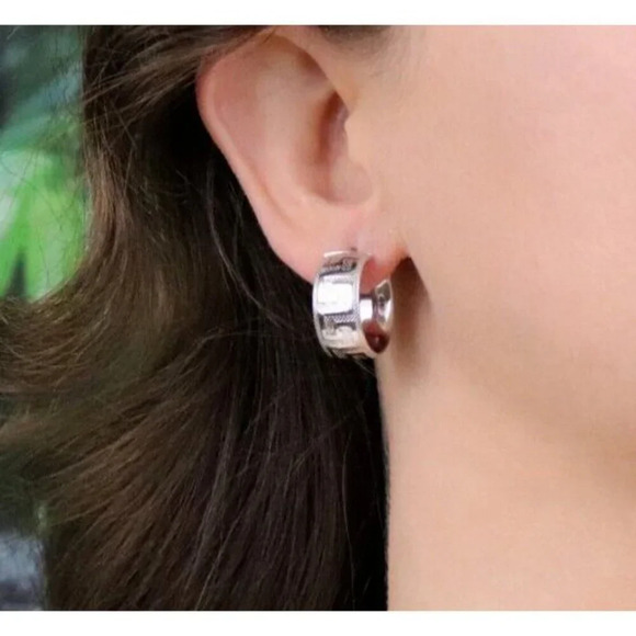 14k White Gold Hollow Lightweight Greek Key Hoop Earrings 3/4" Hoops - Picture 2 of 7